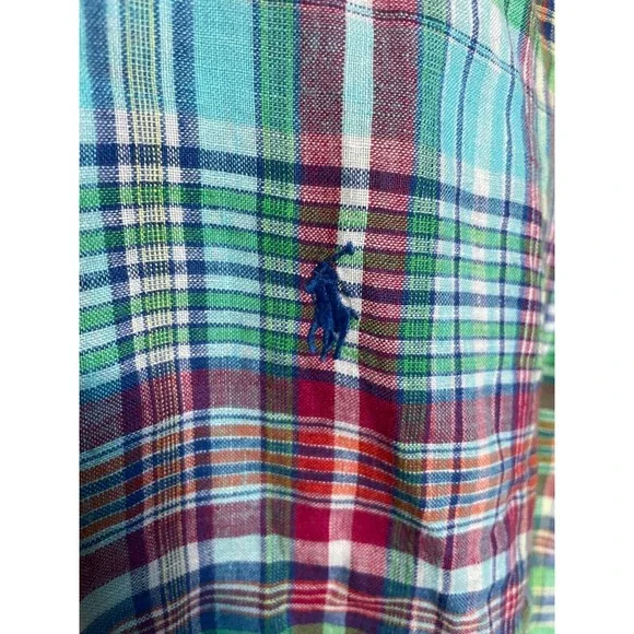 Ralph Lauren Linen Shirt Mens Large Red Blue Green Plaid Button Down Pony Preppy - Picture 3 of 8